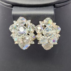 Vtg Crystal Cluster Clip-On Earrings Iridescent Aurora Borealis Collectible Gift
